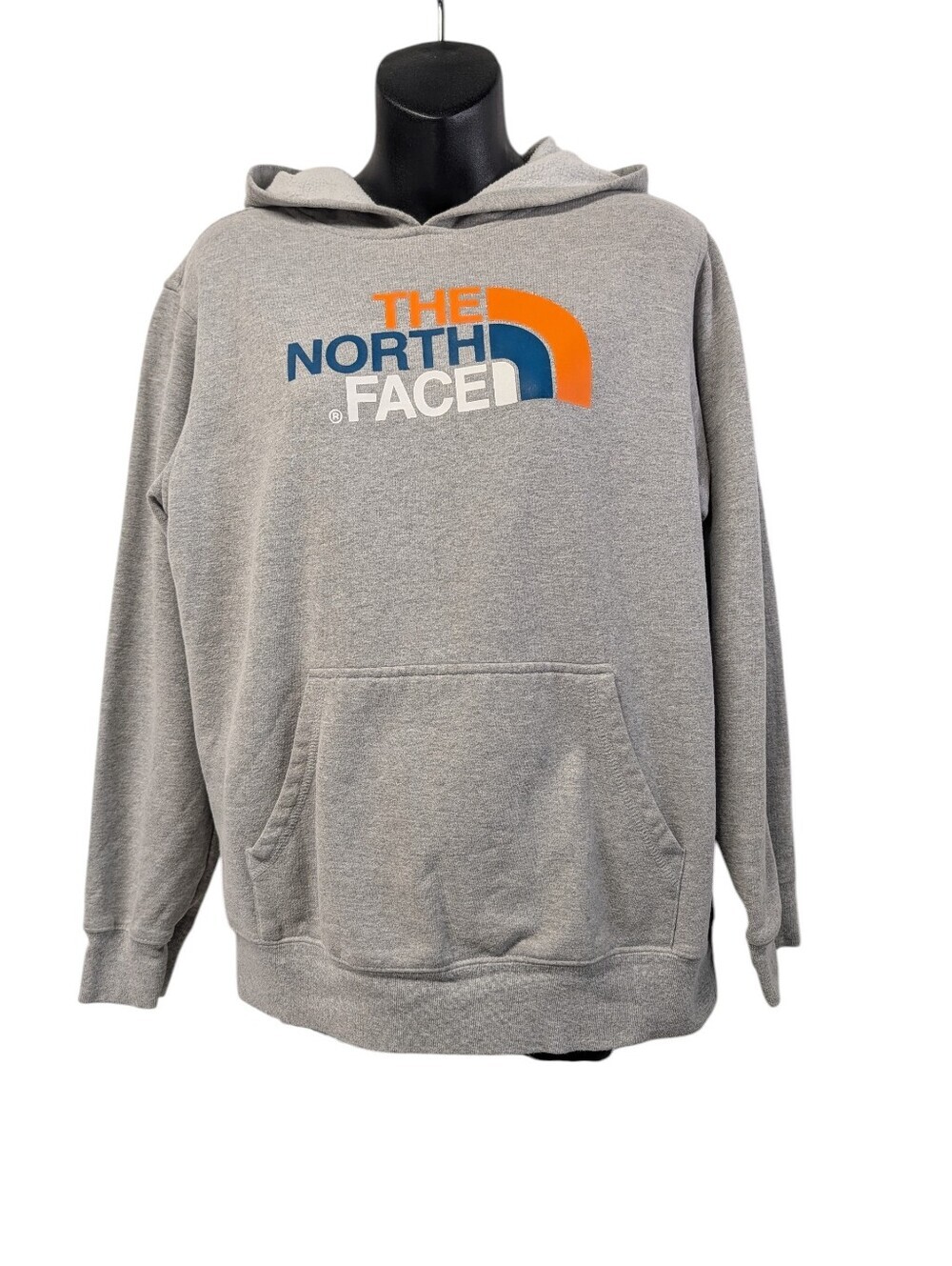 The North Face Gray Hoodie Boys Large 14/16 Orange Logo Kangaroo Pocket